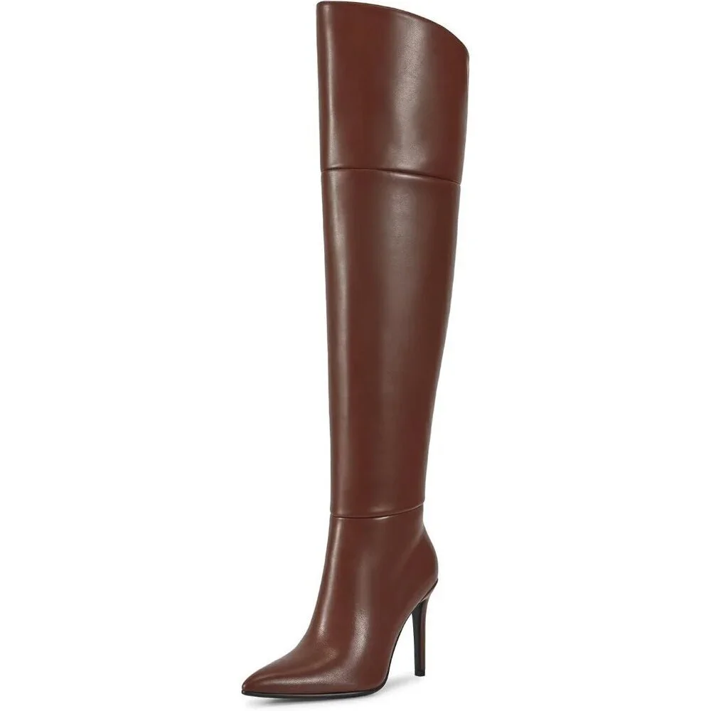 Women Brown Faux Leather Ponited Toe Zipper up Thigh High Stiletto Heel Boot